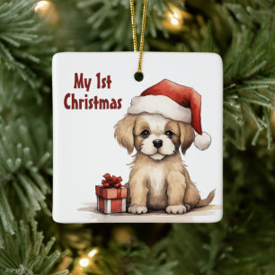 Personalised Cute Santa Puppy Dog 1st Christmas Ceramic Ornament