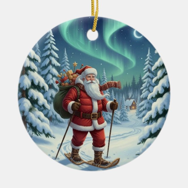 Personalised Cute Santa Snowshoeing Ceramic Tree Decoration (Front)