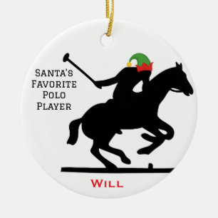 Personalised Cute Santa's Elf Playing Polo  Ceramic Tree Decoration