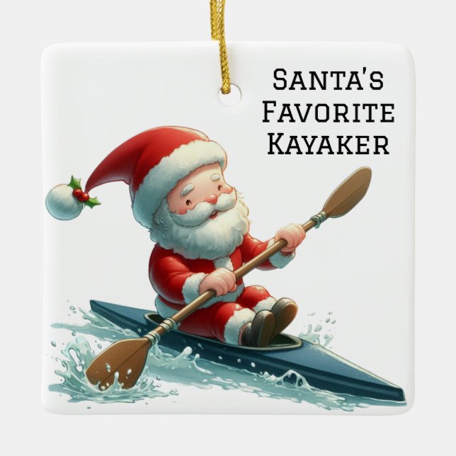 Personalised Cute Santa's Favourite Kayaker Ceramic Ornament (Front)