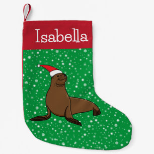 Personalised Cute Sea Lion in a Santa Hat  Small Christmas Stocking