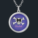 Personalised Cute Skull and Crossbones Silver Plated Necklace<br><div class="desc">Cool,  cute and funny graphic illustration of skull and crossbones. A white skull with big black eyes and long white teeth. Personalise with a name in a pink girly font.</div>