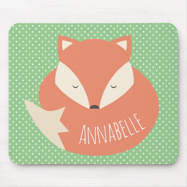 Personalised Cute Sleeping Fox and Dots Mouse Mat (Front)