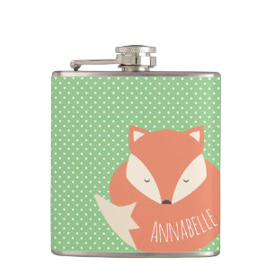 Personalised Cute Sleeping Fox Green Polka Dot Hip Flask