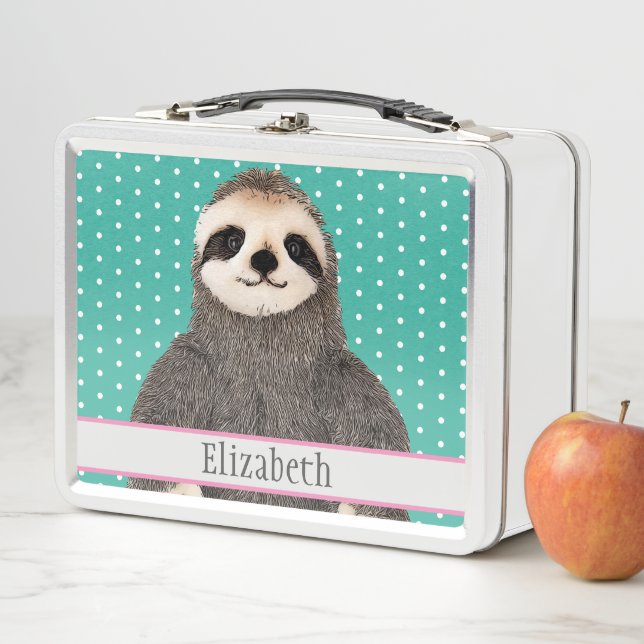 Personalised Cute Sloth Animal Name Metal Lunch Box (In Situ)
