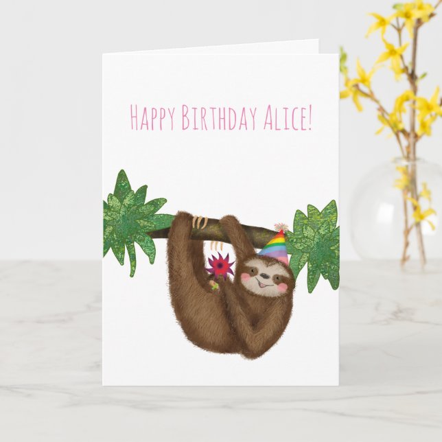 Personalised cute sloth on a branch birthday card (Yellow Flower)