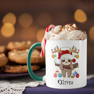 Personalised Cute Sloth,Santa Hat,Christmas Balls Mug