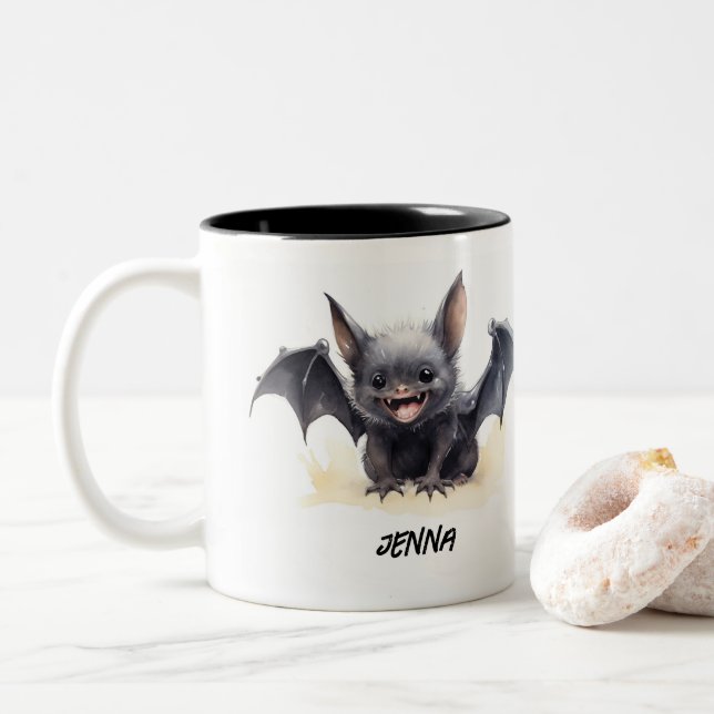 Personalised Cute Smiling Bat Two-Tone Coffee Mug (With Donut)