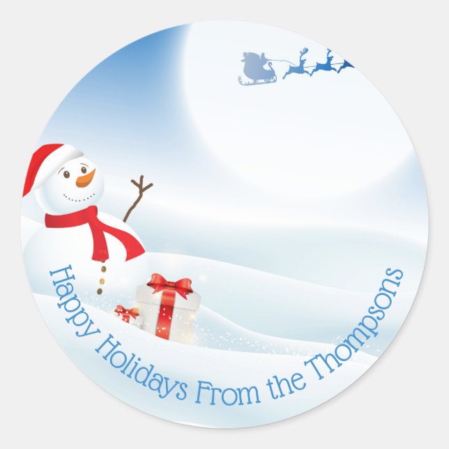 Personalised Cute Snowman and Santa Classic Round Sticker (Front)