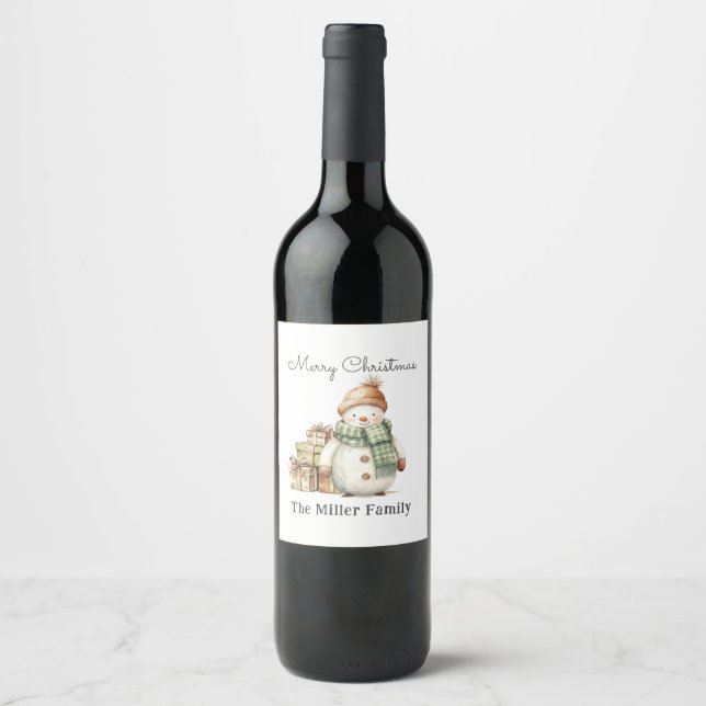 Personalised Cute Snowman & Christmas Presents  Wine Label (Front)
