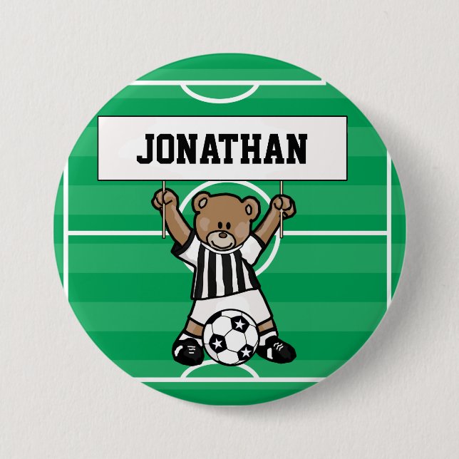Personalised Cute Soccer  Bear Party name buttons (Front)