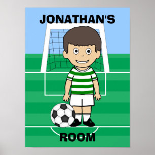 Personalised Cute Soccer Player Green White hoops Poster
