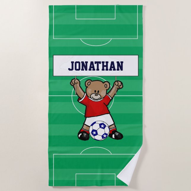 Personalised Cute Soccer Teddy Bear (red) Beach Towel (Front)