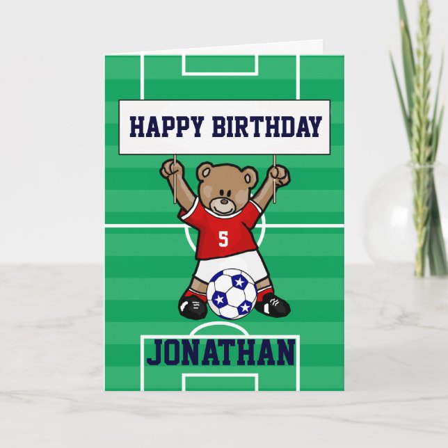Personalised Cute Soccer Teddy Bear (red) Card (Front)