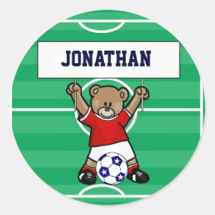 Personalised Cute Soccer Teddy Bear (red) Classic Round Sticker