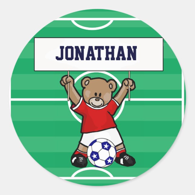 Personalised Cute Soccer Teddy Bear (red) Classic Round Sticker (Front)