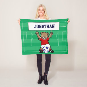 Personalised Cute Soccer Teddy Bear (red) Fleece Blanket