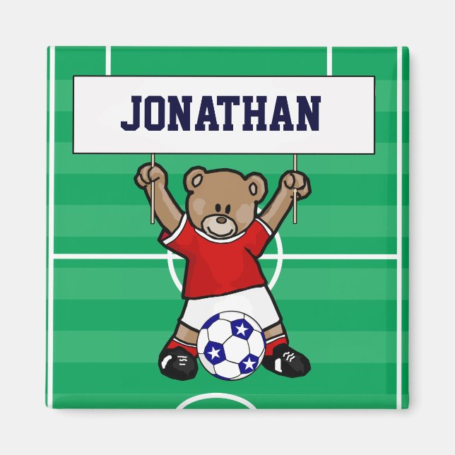 Personalised Cute Soccer Teddy Bear (red) Magnet (Front)