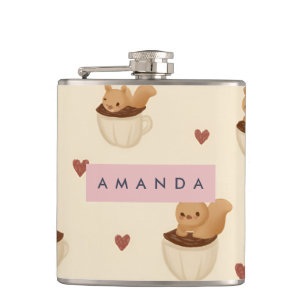 Personalised Cute Squirrel in Coffee Cup Pattern Hip Flask