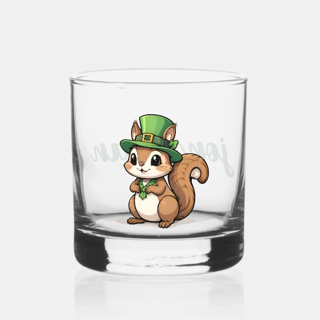 Personalised Cute St. Patrick's Day Squirrel Whiskey Glass (Front)