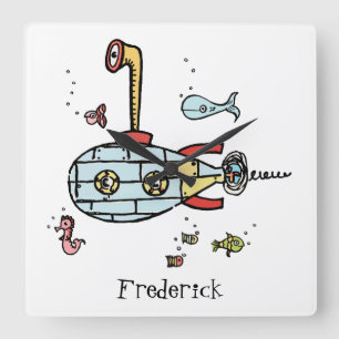 Personalised Cute Submarine Nautical Under Water Square Wall Clock