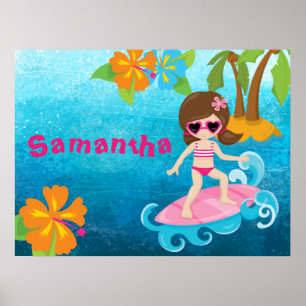 Personalised Cute Surfer Girl Hibiscus and Palms Poster