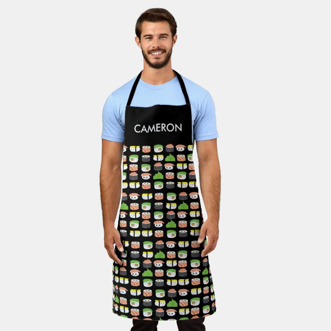 Personalised Cute Sushi Kawaii Illustration Apron (Worn)