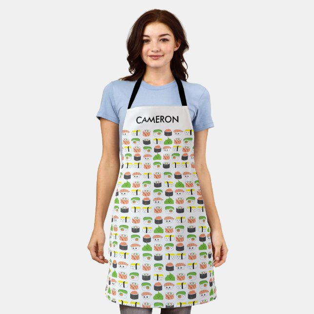 Personalised Cute Sushi Variety Illustration Apron (Worn)