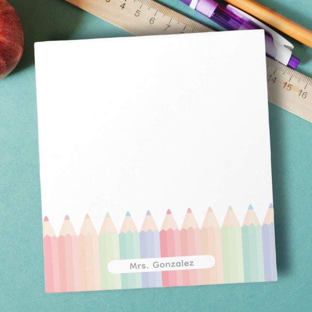 Personalised Cute Teacher Rainbow Notepad (Teacher notepad personalized with name, with pastel color pencils, useful and thoughtful gift.)