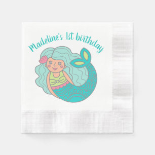 Personalised Cute Teal Mermaid 1st Birthday Party Napkin