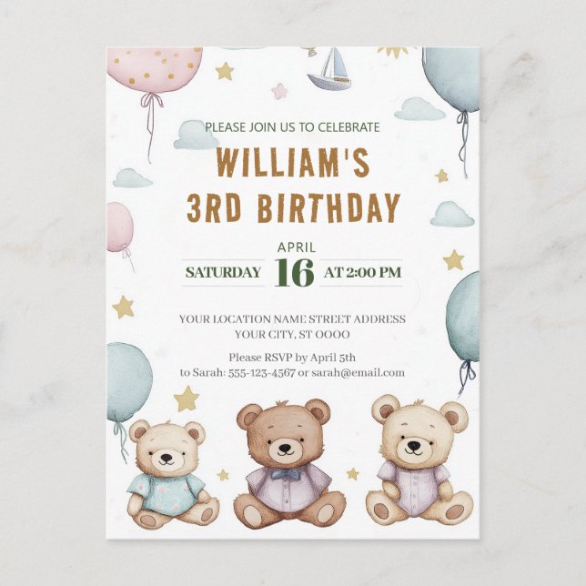 Personalised Cute Teddy Bear Birthday Postcard (Front)