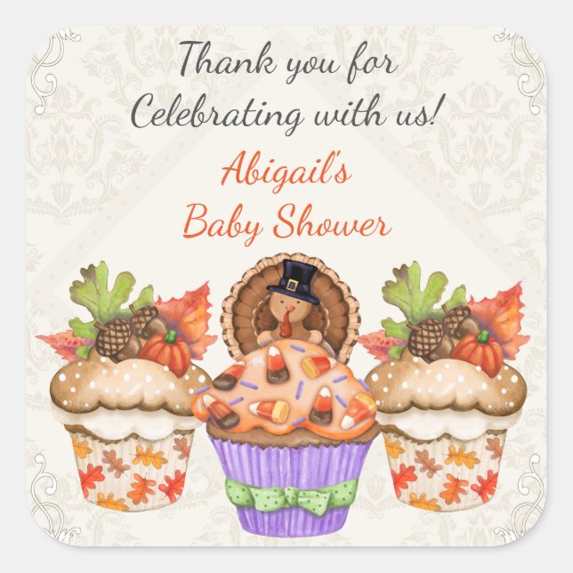 Personalised Cute Thanksgiving Cupcake Baby Shower Square Sticker (Front)