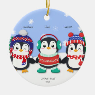 Personalised Cute Three Penguin Snow Scene Ceramic Tree Decoration