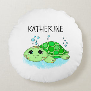 Personalised Cute Turtle Cartoon Name Round Cushion