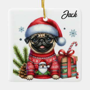 Personalised Cute Ugly Christmas Sweater Pug Ceramic Ornament