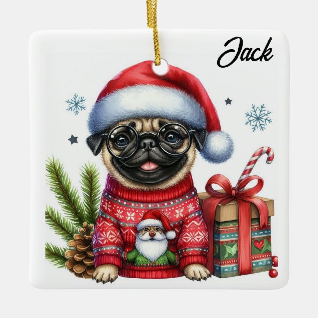 Personalised Cute Ugly Christmas Sweater Pug Ceramic Ornament (Front)