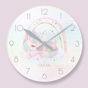 Personalised cute unicorn girl rainbow round clock
