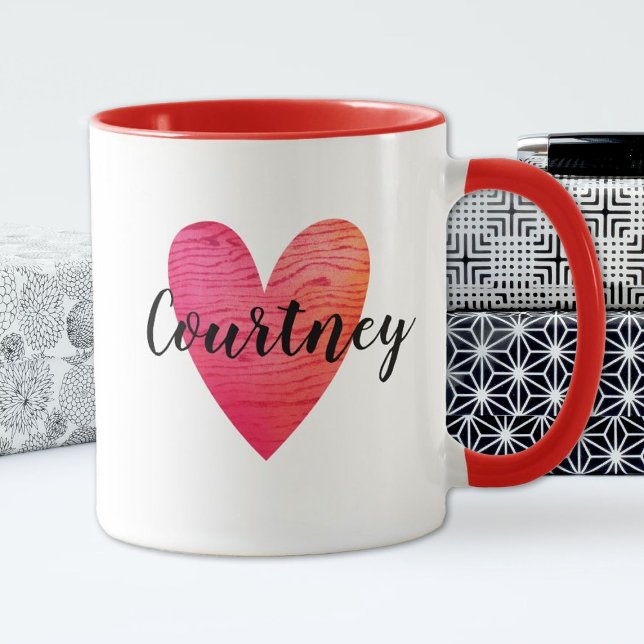 Personalised Cute Valentines Day Red Heart Mug (A cute red heart with a wood texture personalized with your name)