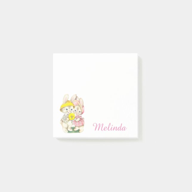 Personalised Cute Vintage Bunnies Flower Post-it Notes (Front)