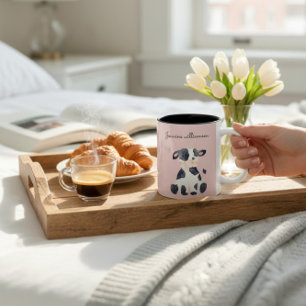 Personalised cute watercolor cow pink girls Two-Tone coffee mug