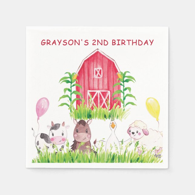 Personalised Cute Watercolor Farm Birthday Napkin (Front)