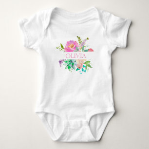 Personalised Cute Watercolor Floral Pink Rose Baby Bodysuit