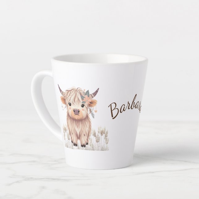Personalised Cute Watercolor Highland Cow Latte Mug (Left Angle)