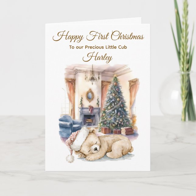 Personalised Cute Watercolour Bear Cub Christmas  Holiday Card (Front)
