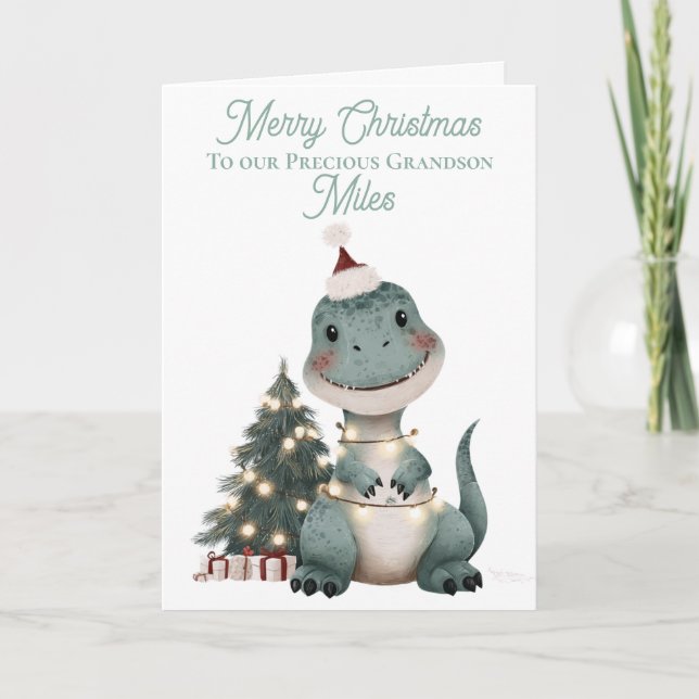Personalised Cute Watercolour Christmas Dinosaur  Holiday Card (Front)