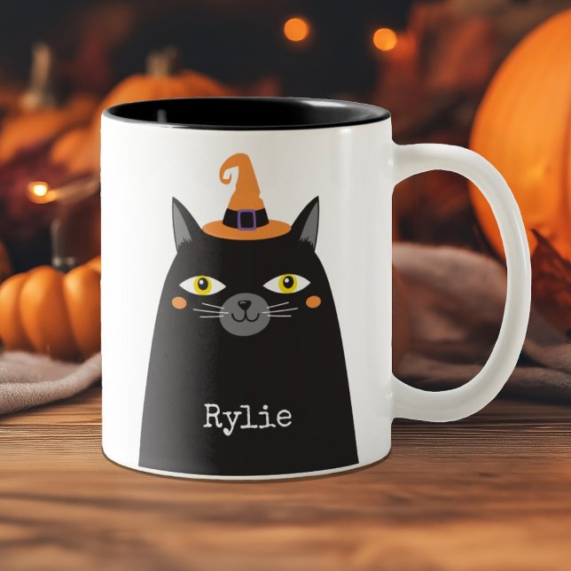Personalised Cute Whimsical Halloween Black Cat  Two-Tone Coffee Mug (A cute Halloween mug decorated with a black cat with a witch's hat.)