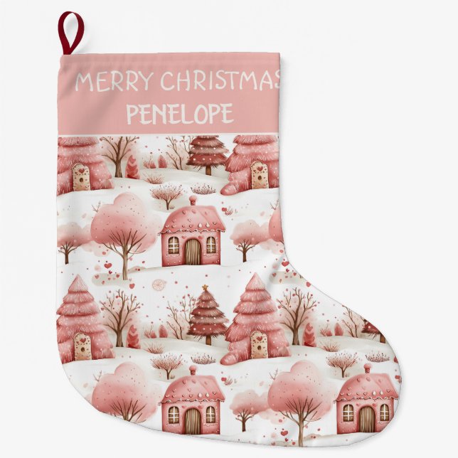 Personalised Cute Whimsical Pink Winter Christmas  Large Christmas Stocking (Front)