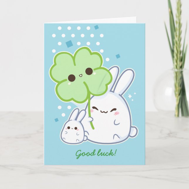 Personalised - Cute white bunny with kawaii clover Card (Front)