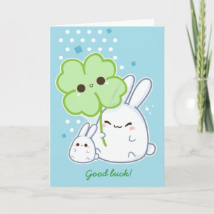 Personalised - Cute white bunny with kawaii clover Card