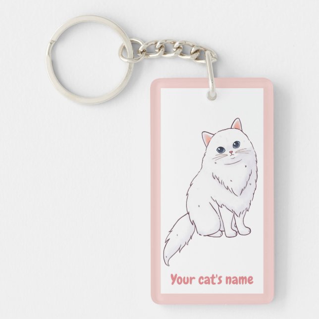 Personalised Cute White Cat Lover Keychain (Front)